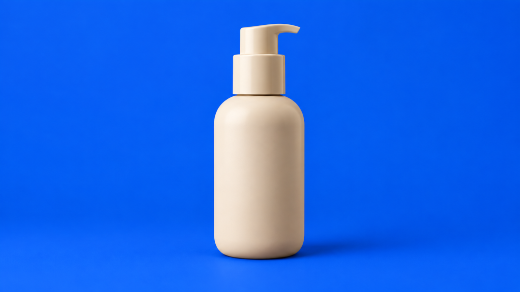 Beige skincare bottle on a cobalt blue background