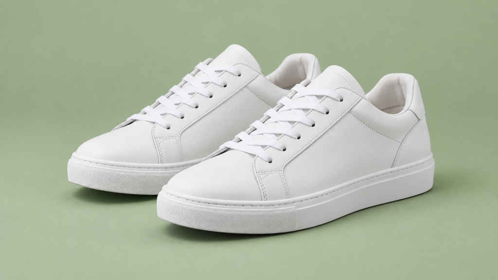White sneakers on a muted sage background