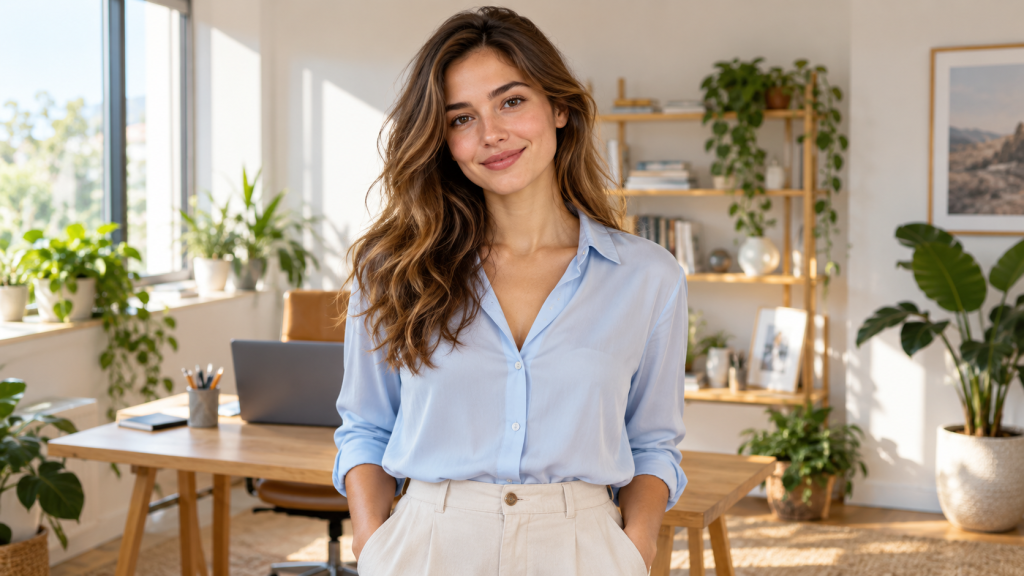 Woman composited into a bright home office