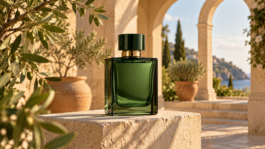 Green perfume bottle in a Mediterranean courtyard