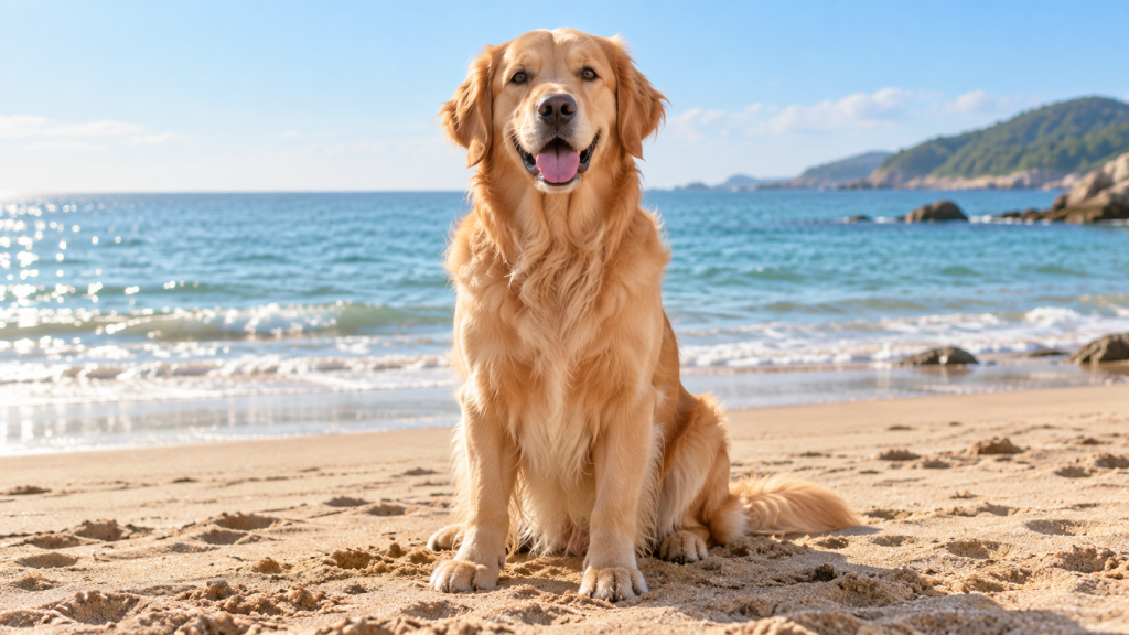 Golden retriever on a sunny beach