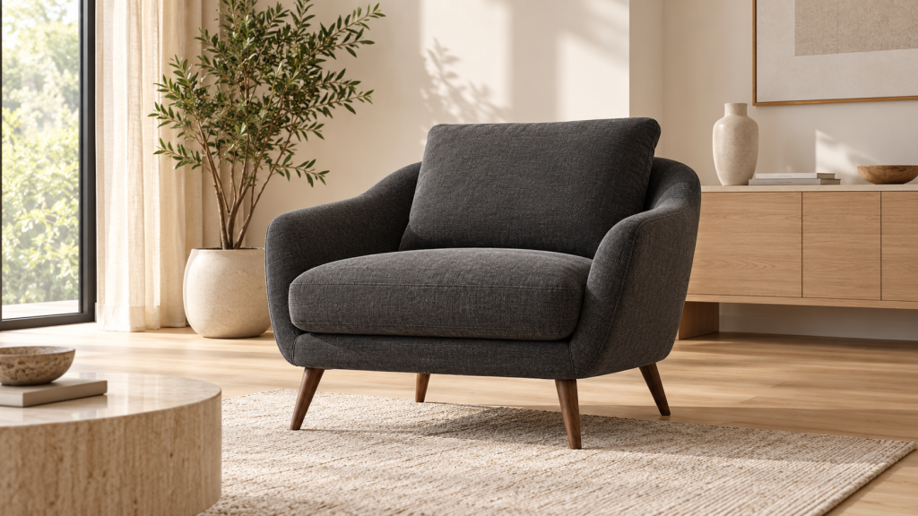 Charcoal lounge chair in a bright living room