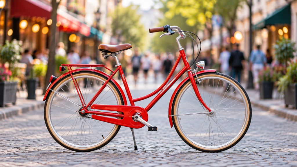 Sharp red bicycle against a blurred city street