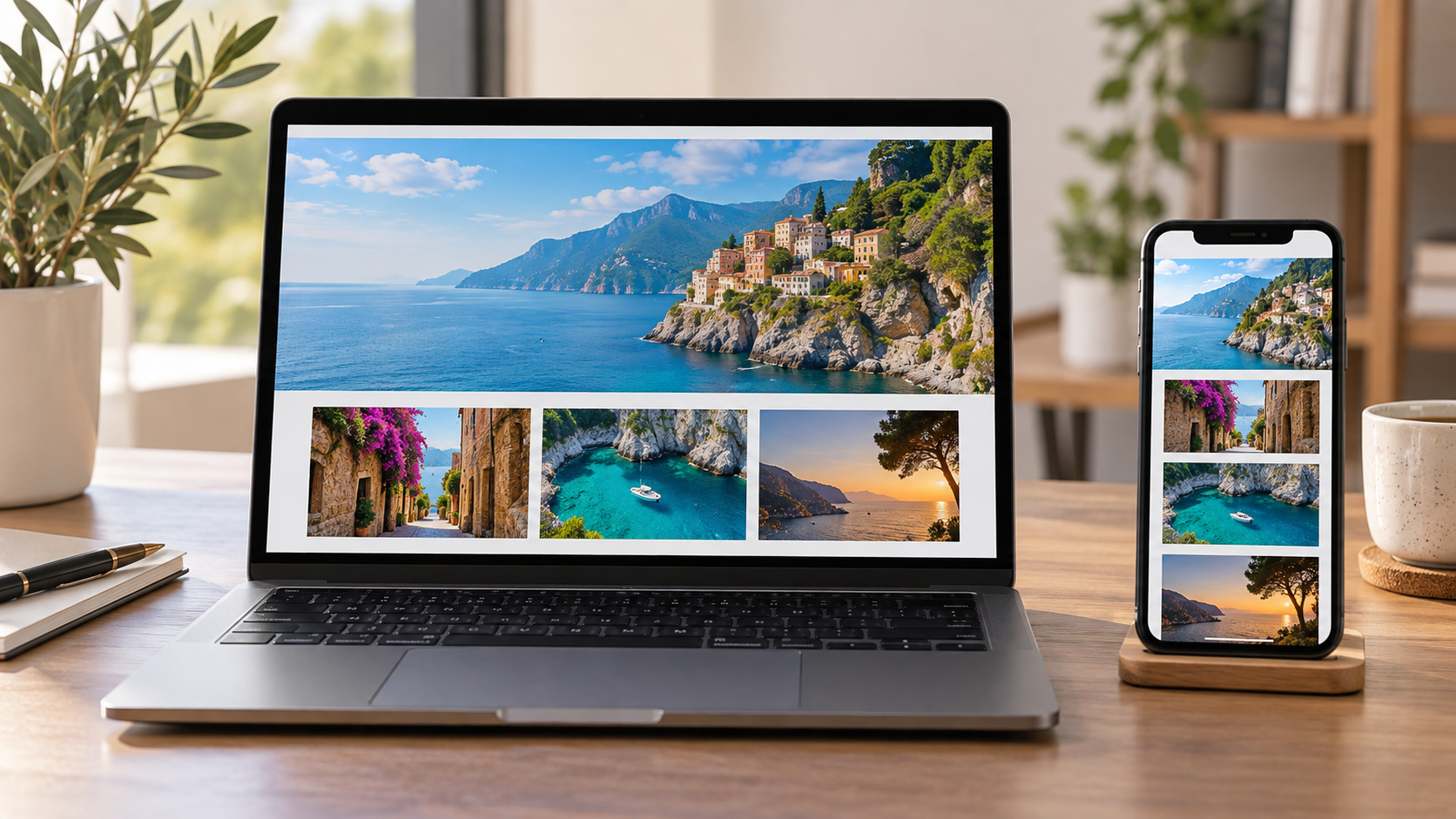 Laptop and phone showing the same website image at different responsive dimensions
