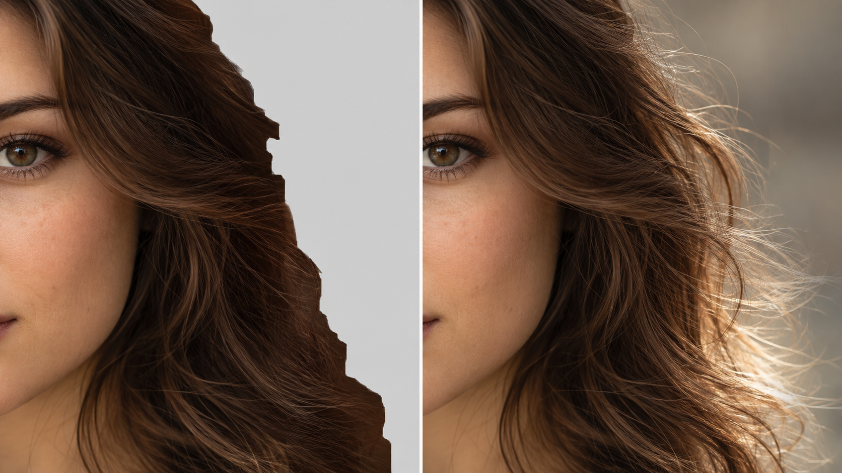 Comparison between harsh clipped hair edges and a more natural background removal result