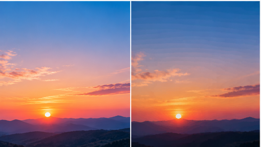 Smooth sky gradient compared with a version showing visible compression artifacts