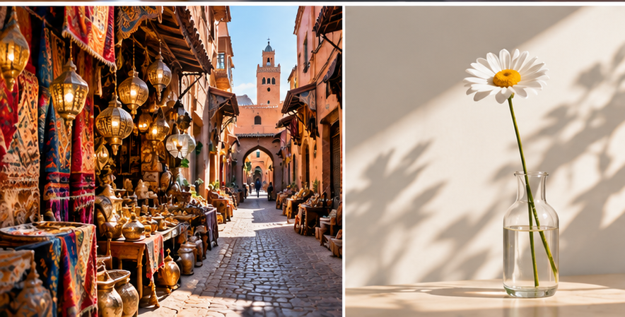 Detailed photographic scene compared with a simple flat image at similar dimensions